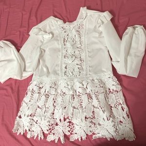 Elegant White Flowy Blouse with Beautiful Lace flower and leaf detailing. Small